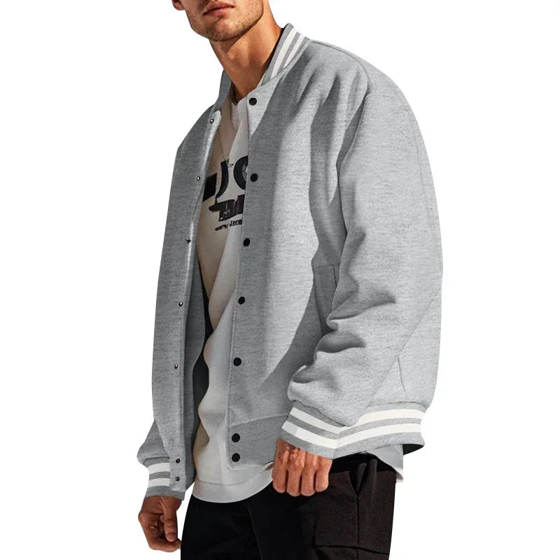 Men's Baseball Jacket with Stand-up Collar Button, Flight Jacket Monochromatic Loose, Casual, American Sports, Autumn and Winter