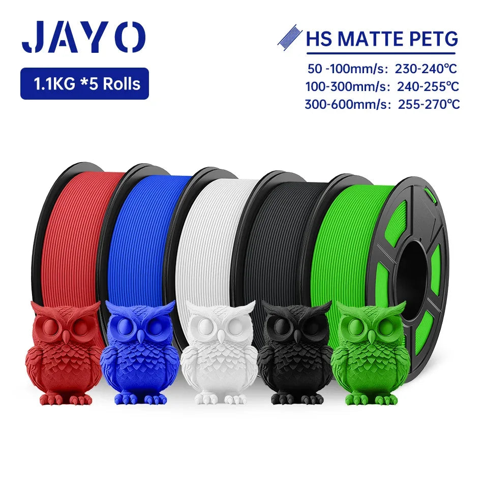 JAYO PETG 3D Filament 1.75MM High Speed PETG 3D Printer Filament 5Rolls High Flow Speedy Matte Effect 3D Printing Mateials