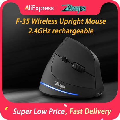 Zelotes F-35 Wireless Gaming Mouse Vertical Rechargeable 6 Key Mice 2.4G 3 Level DPI Adjustable Office/Gaming Computer Mouse