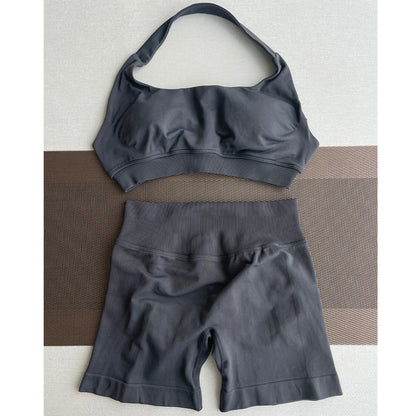 2 Pieces Yoga Gym Set Women Seamless Strappy Yoga Bra High Waist Workout Scrunch Shorts Sports Set Fitness Clothes Sportswear