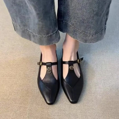 Ladies Black Leather Mary Jane Flats with Metal Rose T-Strap Slip On Casual Ballet Shoes Women's Comfortable Flats