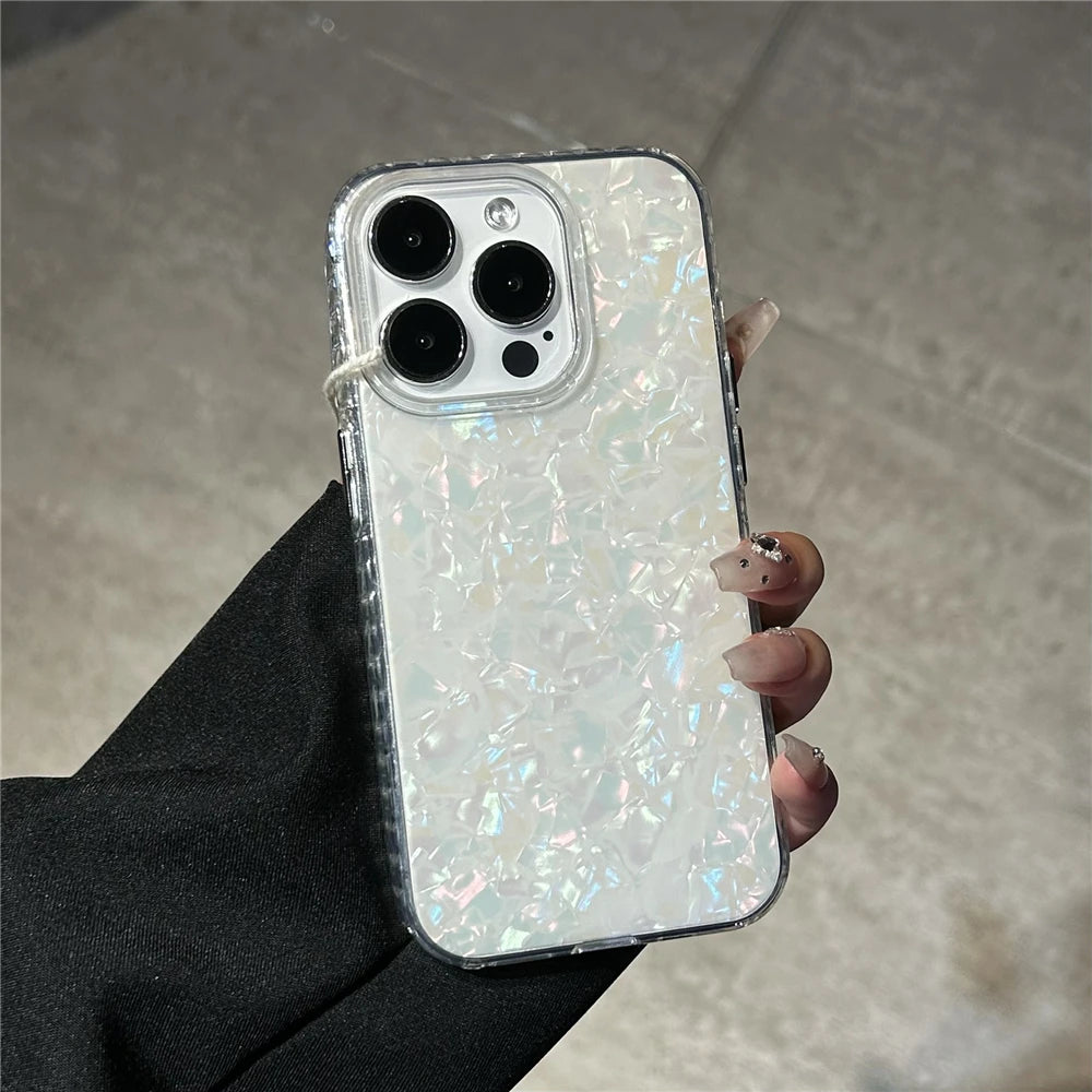 Luxury Glitter Shell Pattern Laser Case For iPhone 16 Pro Max 15 14 Plus 13 12 11 Aurora IMD Shockproof Protection Hard Cover