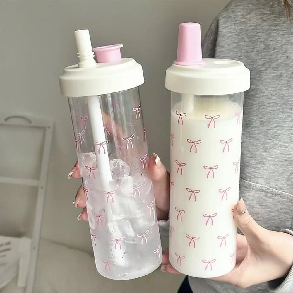 Cute Pink Bow Straw Water Bottle Fashionable Travel Safe Odorless Large-capacity Portable Water Bottle For Travel
