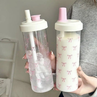 Cute Pink Bow Straw Water Bottle Fashionable Travel Safe Odorless Large-capacity Portable Water Bottle For Travel
