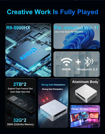 Mini PC with AMD Ryzen 7 7730U 7 5800U Mini Computer, Mini Gaming PC with USB Type-C Desktop Computer Supports Triple 4K Display