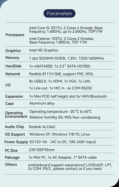 XCY Fanless Industrial Mini PC Intel Core I5-3317U 4x COM DB9 8x USB Support Windows XP/7/8/10 Linux
