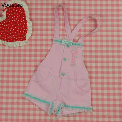 Japanese Kawaii Lolita Style Shorts T-Shirt Sets Women Sweet Cute Bow Cartoon Embroidery Tees Overalls Short Pants Y2k Outfits