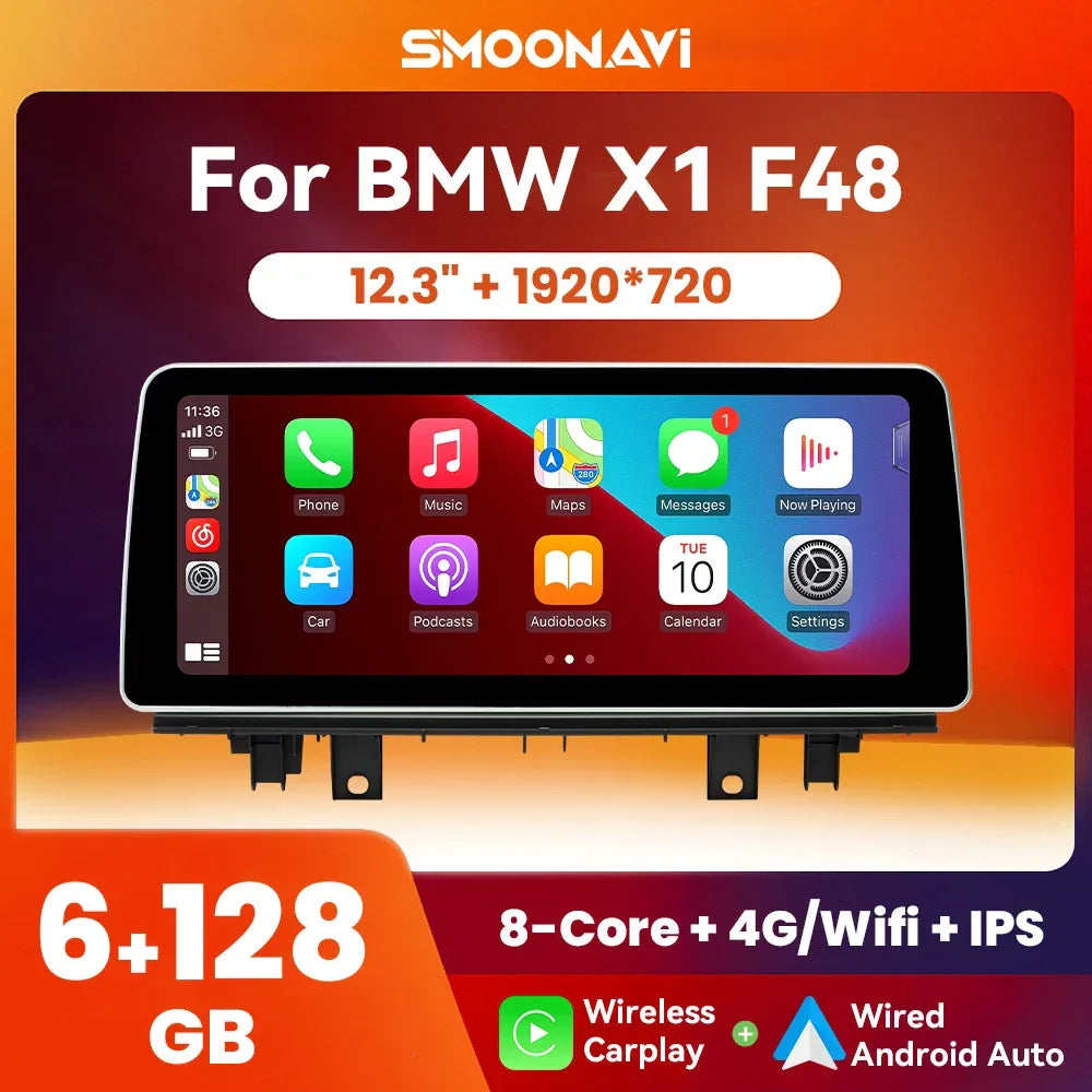 Wireless Carplay Android 12 12.3 Inch IPS 1920*720P Car Multimedia Player For BMW X1 F48 2016 2017 NBT System 4G Wifi Navigation