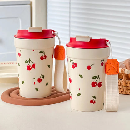 350/400ML Plastic Coffee Mug With Cherry Pattern Travel Portable Water Bottle Tumbler Sealed Leak Proof Drinking Cup Drinkware