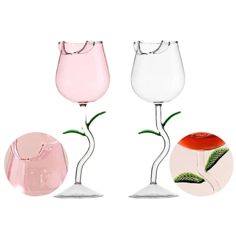 Rose-Shaped Red Wine Glasses Rose Shape Wine Glass With Colored Rose Leaves 150/400ml Rose Shaped Red Wine Goblet Cocktail Cup