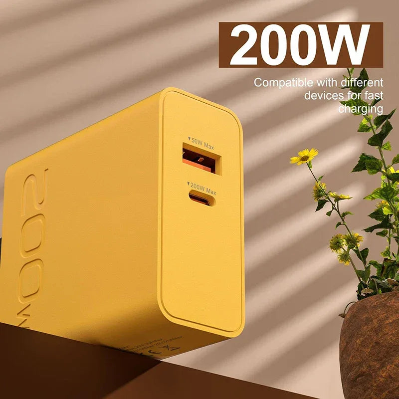 New 200W Ultra Fast Charger USB PD 2-In-1 Type C Fast GaN Phone Charger For Iphone Huawei Samsung Xiaomi Oppo  EU US Plug ﻿