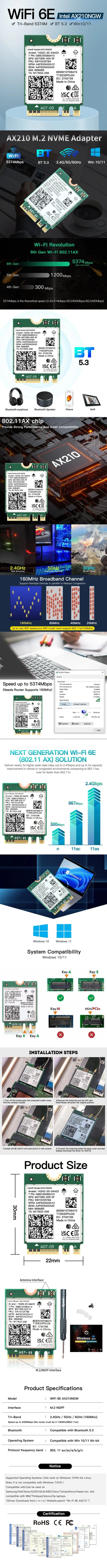 FENVI WiFi 6E Card AX210NGW 5374Mbps 2.4G/5G/6GHz M.2 Wireless Network Card For Bluetooth 5.3 802.11AX For Laptop PC Win 10/11