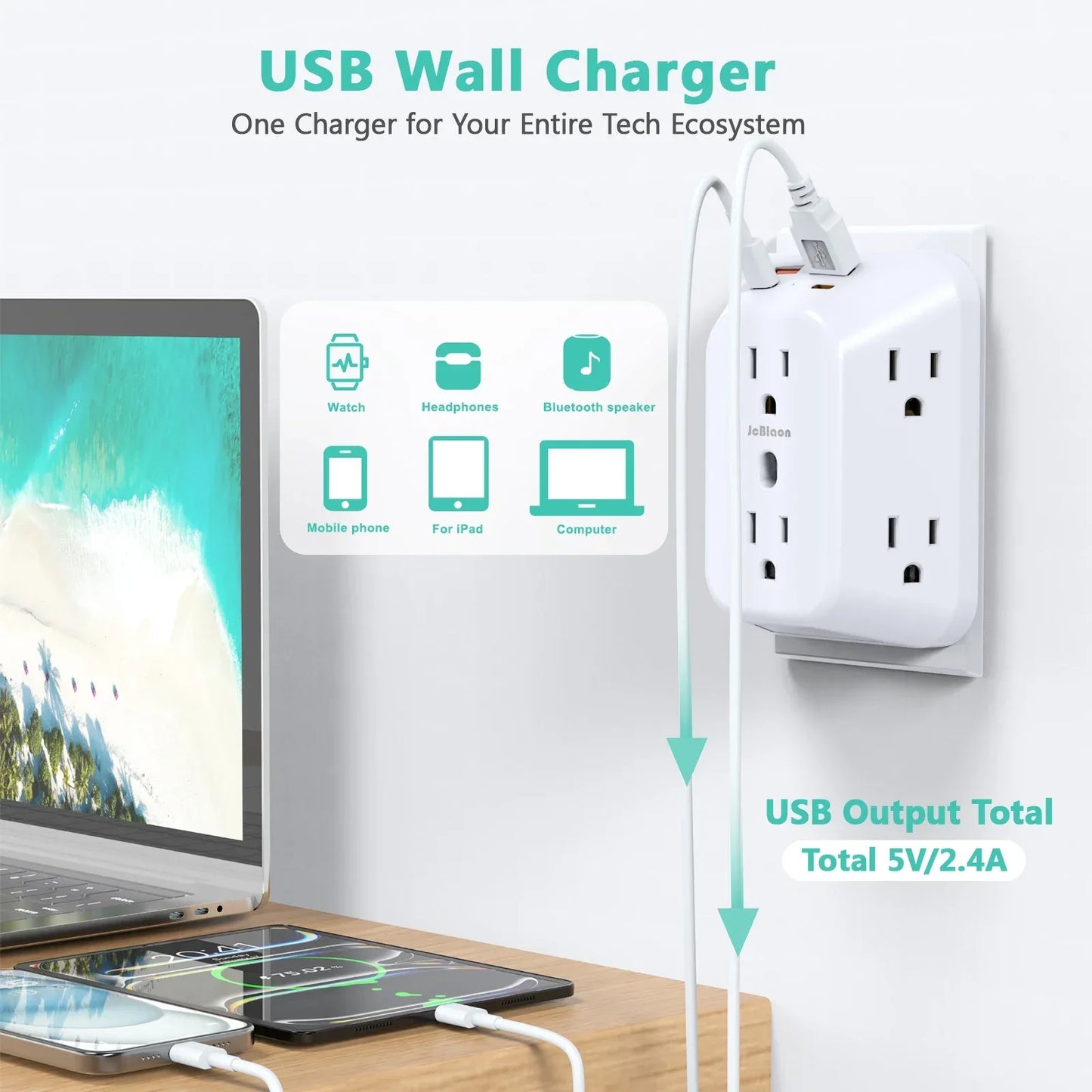Multi Plug Wall Outle,6-Outlet Extender with 4 USB Ports,3 Sided Multi Plug Wall Adapter  Surge Protector for Home Office