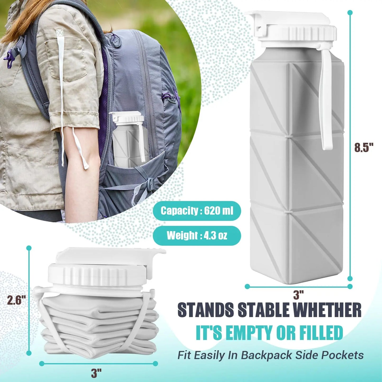 Collapsible travel water bottle, food grade BPA-free silicone collapsible water bottle, leak-proof portable water bottle, suitab