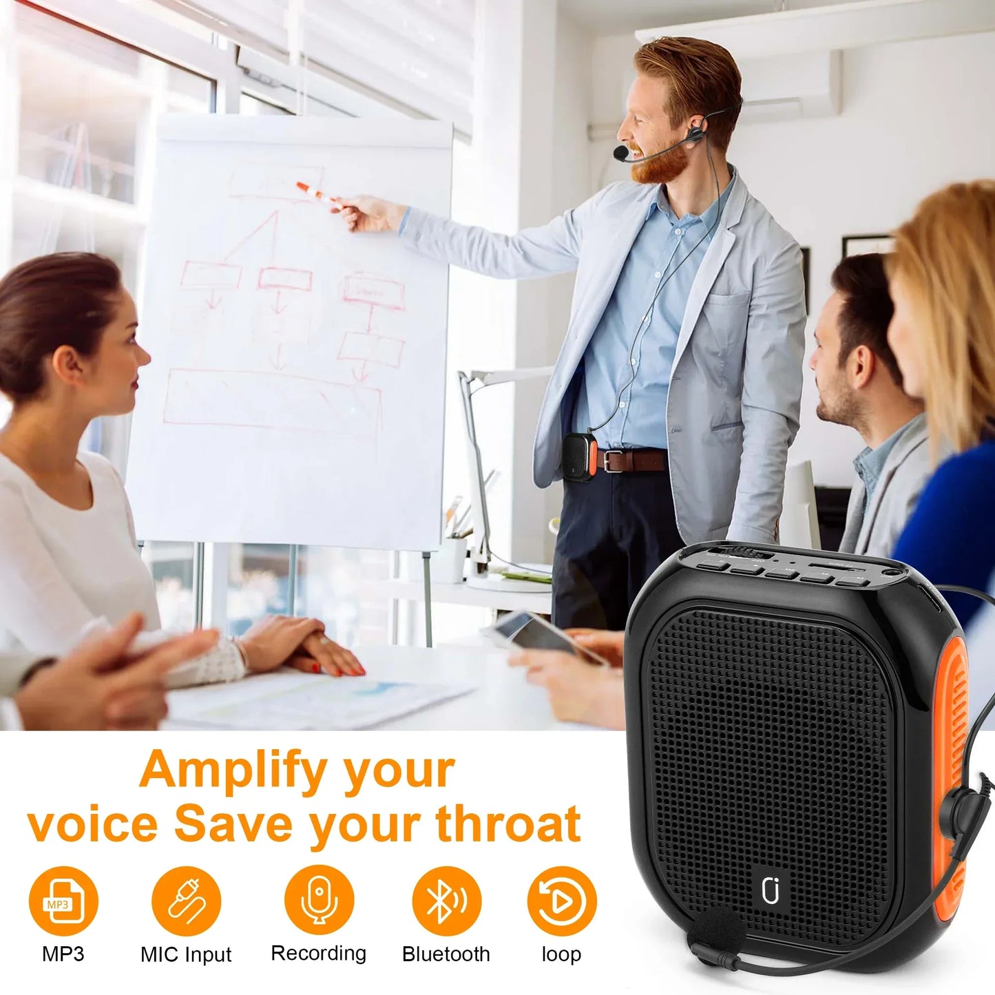 Bluetooth UHF Wireless Voice Amplifier Portable For Teaching Lecture Tour Guide Promotion U-Disk Megaphone Microphone Speaker