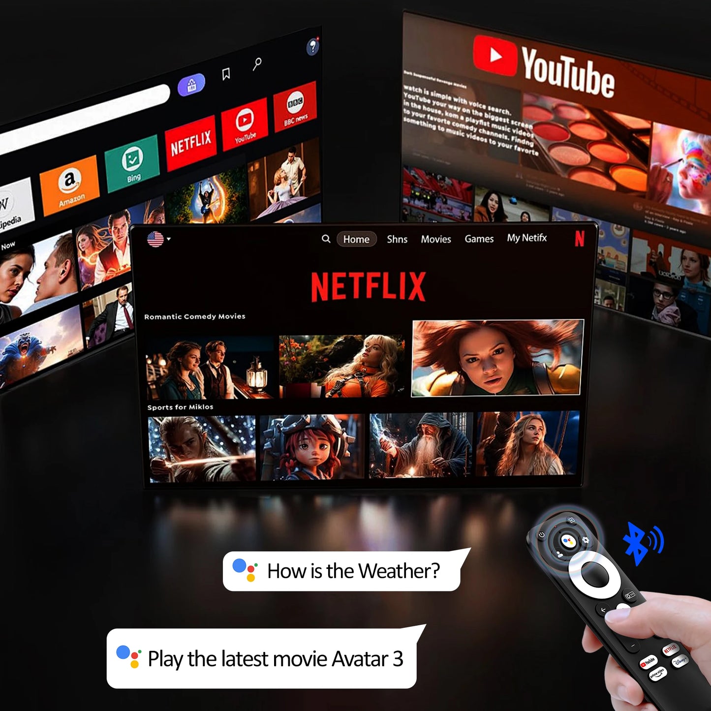 HORLAT Google TV Android 14 Projector 3000ANSI Lumens Auto Focus WiFi 6 3D Full HD 1080P 4K Support Smart Home Theater Projector