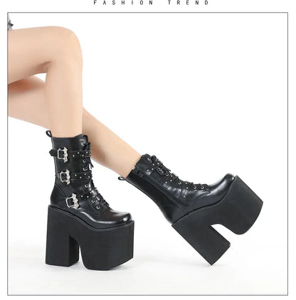 Gdgydh Lace up Chunky Heel Mid Calf Booties for Women Block High Heel Platform Combat Boots Gothic Metal Bat Gothic Shoes