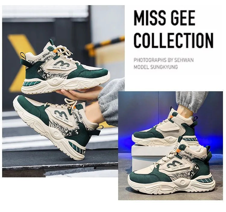Men's Spring Breathable High Top White Sports Shoes Trendy All-Match Thick Sole Leisure Dad Sneakers