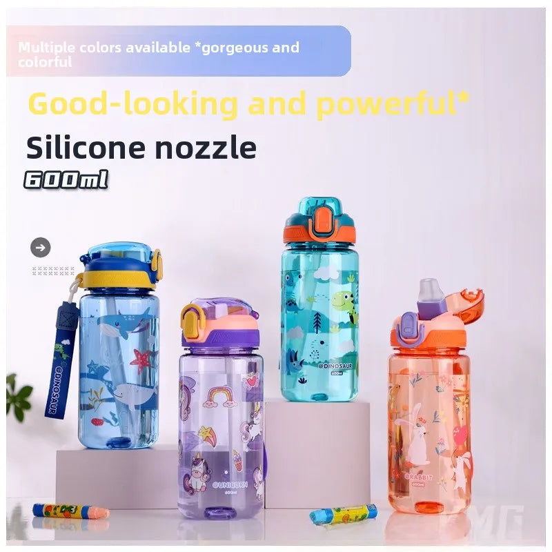 Dinosaur Themed Camping Bottle For Water Drinking Cup With Straw 600ml BPA Free Leakproof Kids Sports Bottle Lightweight Durable