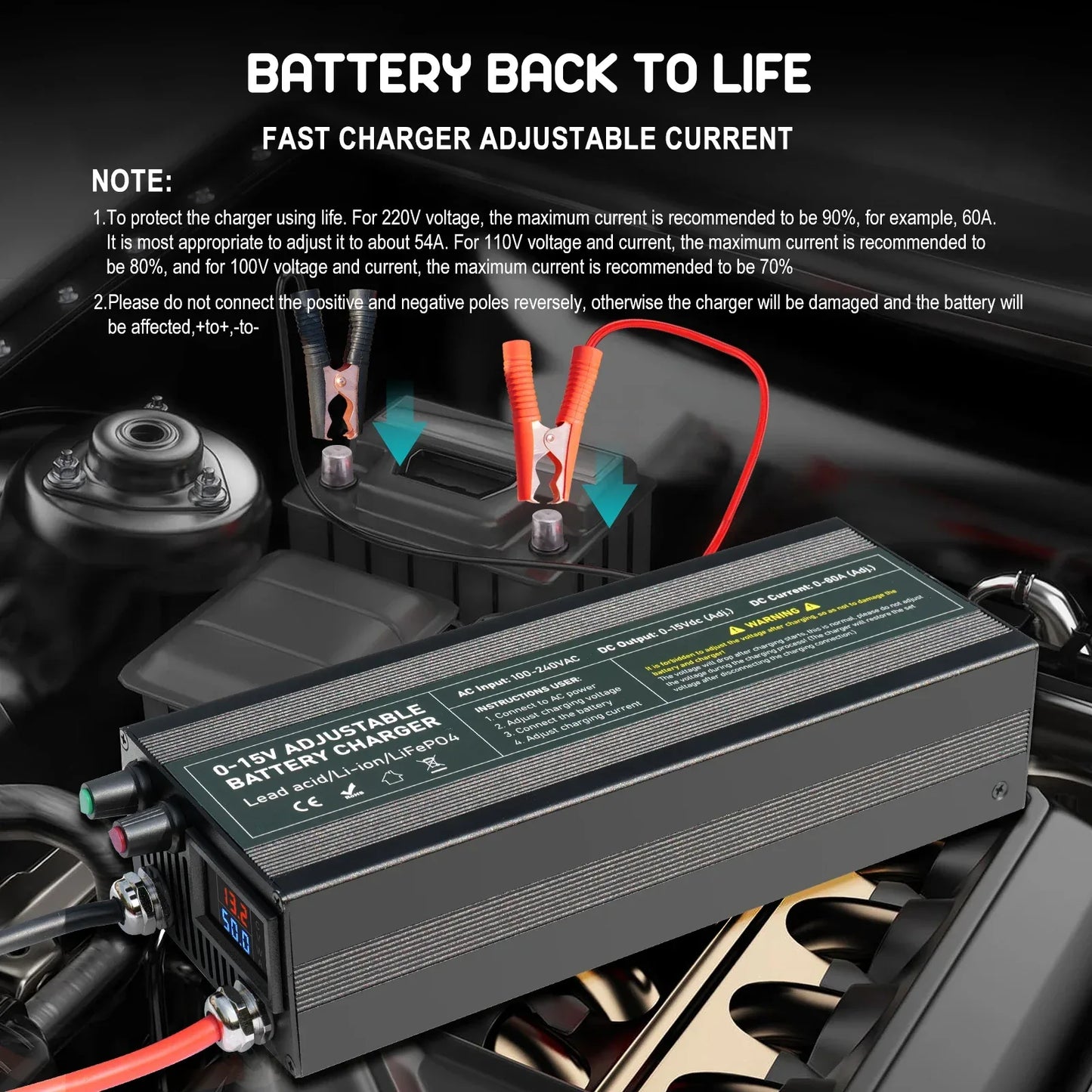 12V 60A 100Ah Solar Large Charger Current Voltage Adjustable for Lifepo4 Universal Chargers Outdoor power supply