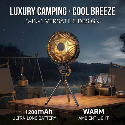 3-in-1 Tactical Camping Fan 1200mAh Battery Powered 4 Speeds 360° Rotation Outdoor Air Cooler with Warm Light for Travel BBQ