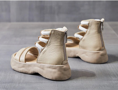 Koznoy 8cm Natural Genuine Leather Sandals Boots Flats Platform Wedge Summer Women Hollow Pumps Peep Toe Booties Mary Jane Shoes