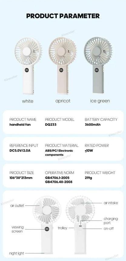 New Handheld Personal Fan Portable Mini USB Hand Fan 3600mAh Rechargeable Mini Fan with Stepless Speed Control Display Nightligh