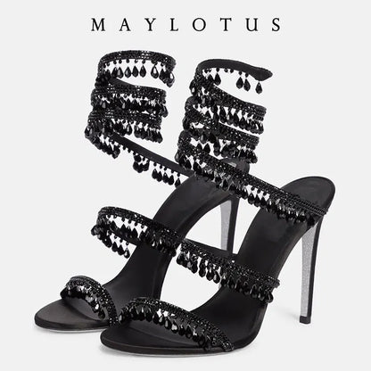 Spring/Summer New Water Diamond Jewel Wrist Wrapped Snake-shaped High Heel Sandals Sexy Large Size Shoe Girl Women Sandals