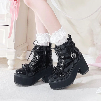 Japanese Mine Lolita Short Boots for Women Mass Production Love Rhinestone Buckle Bow Round Head Platform Boots Sweet Shoes