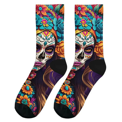 Mens Art Day of the Dead Themed Socks Mexican Grim Reaper Vintage Floral Design Soft Breathable Crew Socks Novelty Holiday Gift