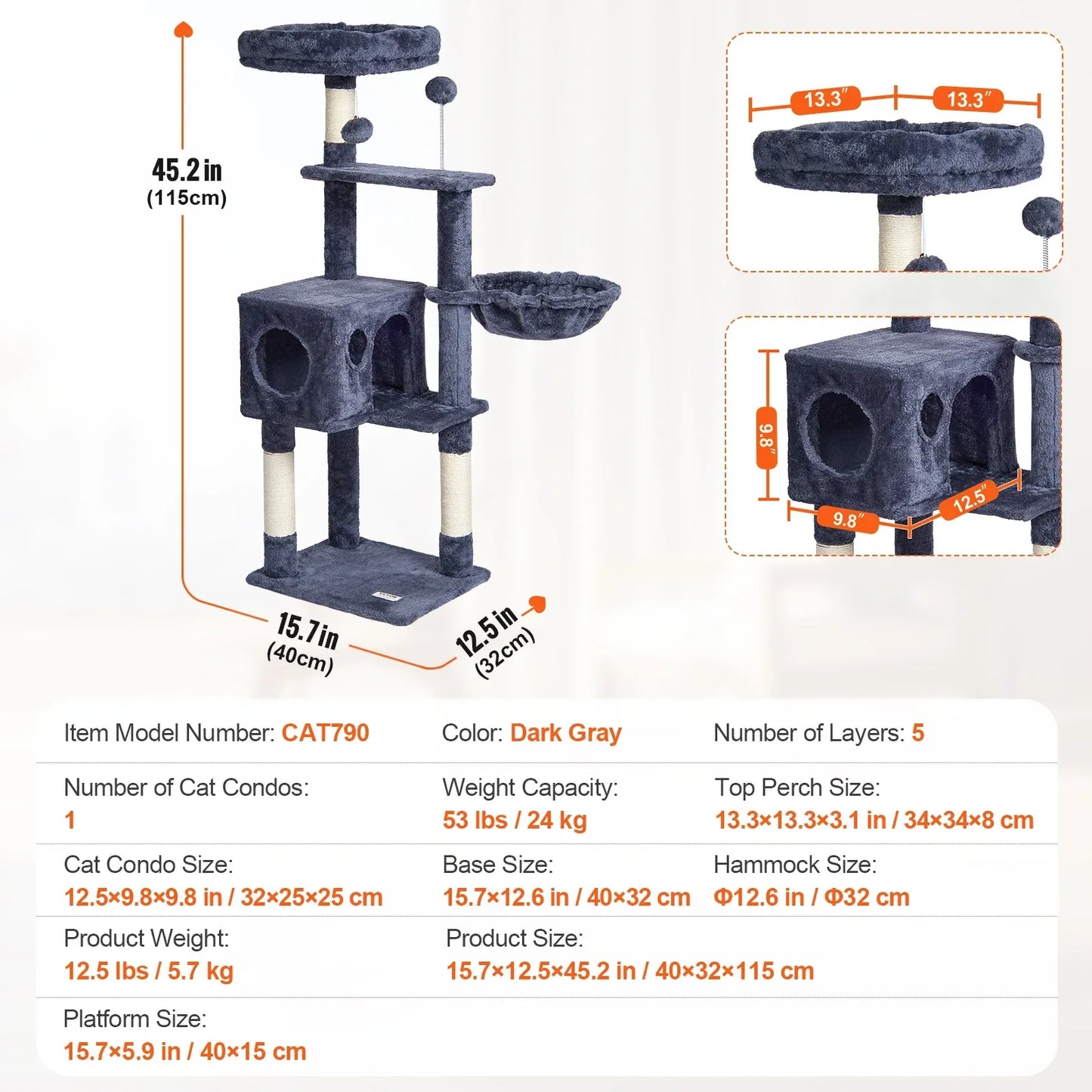 SucceBuy Cat Tree for Indoor Cats 45.2"  Tower with Cat Condo Sisal Scratching Post HammockTop Perch Jumping Platforms Dark Grey