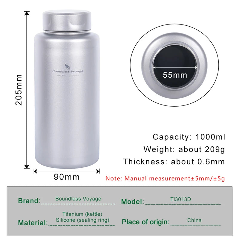 Boundless Voyage Sports Bottle 1000ml, Titanium Water Bottle Wide Mouth, Camping Hiking Cycling Drinkware, Tea Coffee Canteen