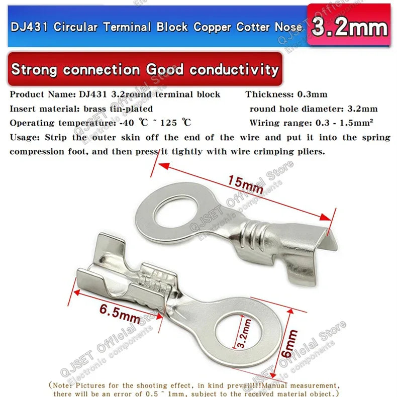 100PCS Circular Terminal Blocks DJ431 O-ring lugs Cold pressed connectors Copper lugs Terminal blocks Open ended bare ends 6.3mm