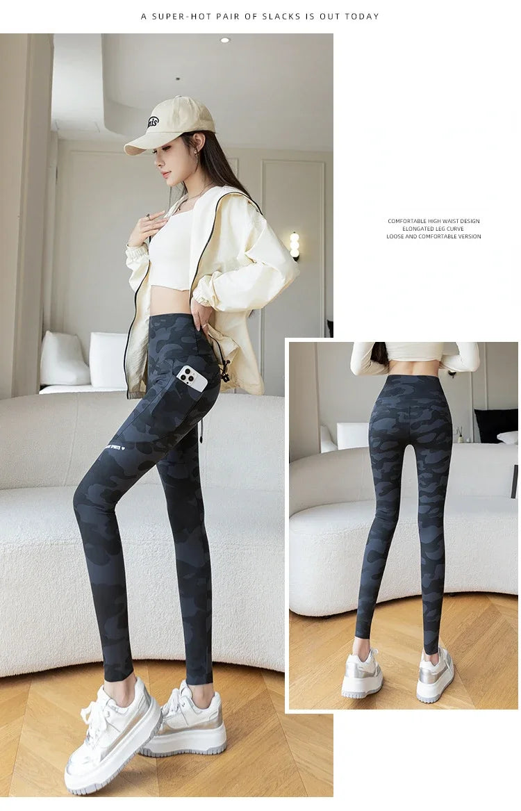 Women Camo Shark Pants High Waist Pocket Leggings Big Size Stretchy Casual Pants Fashion Skinny Yoga Fitness Pants