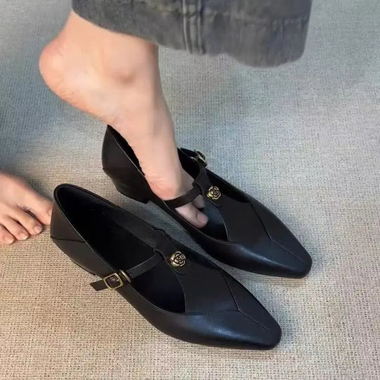Ladies Black Leather Mary Jane Flats with Metal Rose T-Strap Slip On Casual Ballet Shoes Women's Comfortable Flats