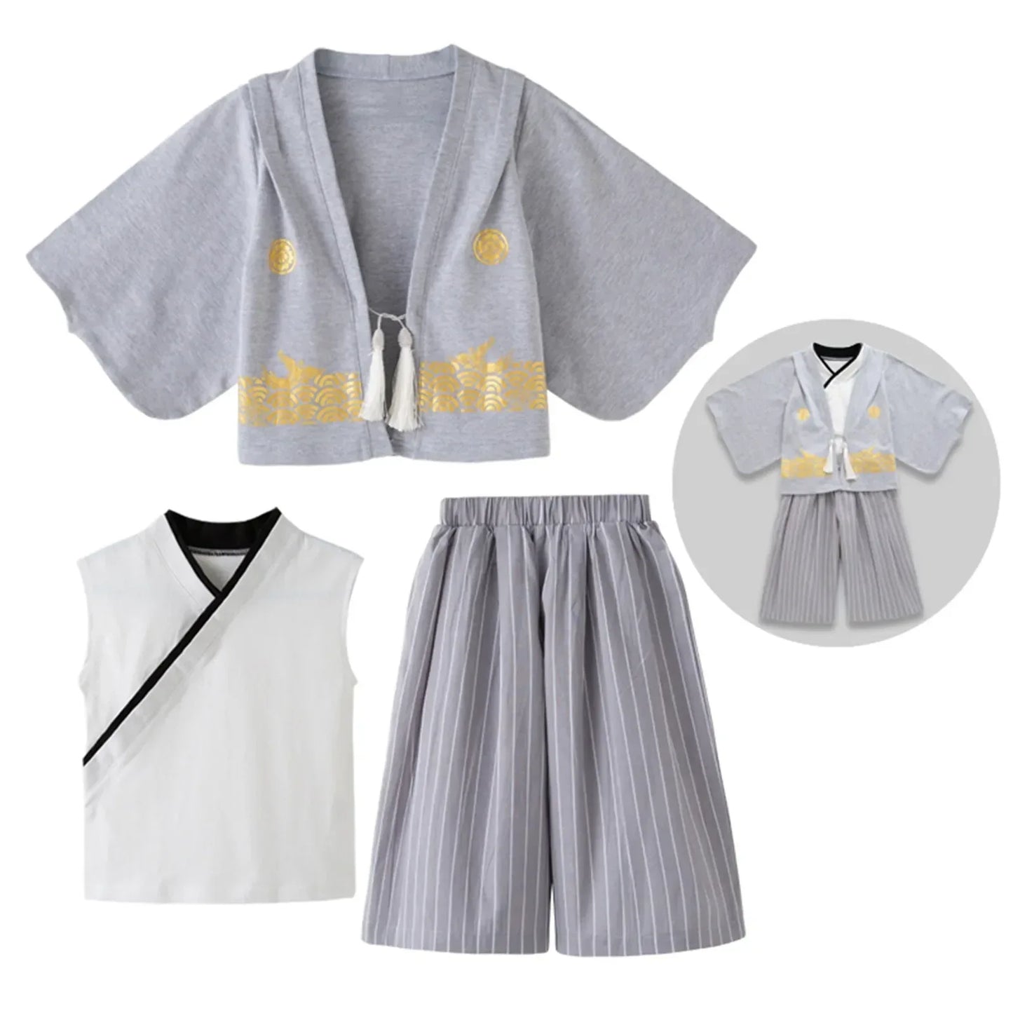 Boys' Kimono Set Traditional Jinbei Kimono For Weddings Graduations Cherry And Autumn Festivals Boys Winter Outfit