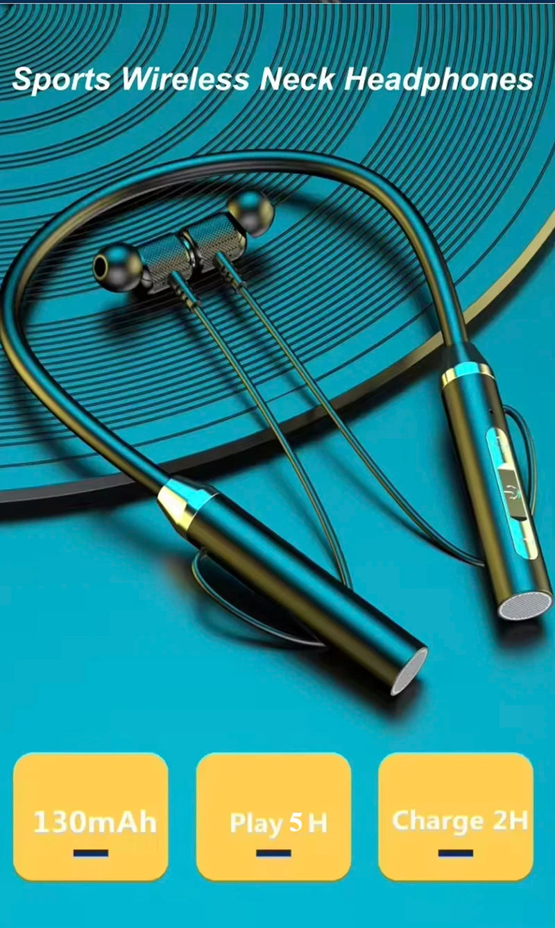 Écouteurs sans fil Bluetooth tour de cou, casque stéréo gaming/sport étanche, oreillettes magnétiques avec écran LED