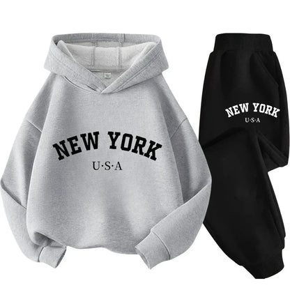 Autumn Warm New York Letter Cool Graphic Print Children Long Sleeve Hoodie +pant Suit 2pcs Set Sweatshirt Boy Girl Kid Sportwear