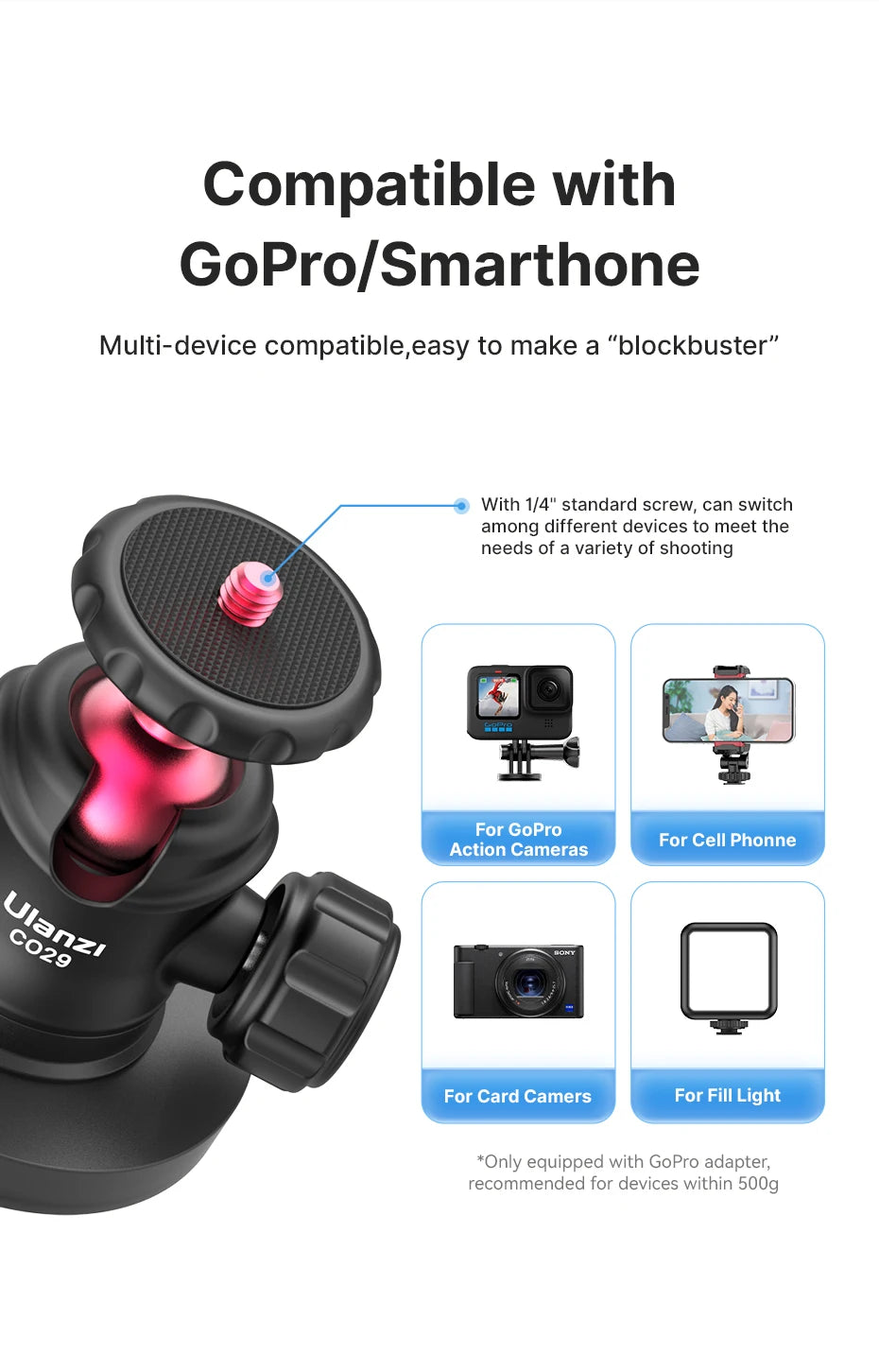Ulanzi C029 Magnetic Tripod Ball Head Cloud Terrace for Gopro 7 8 9 10 11 12 Smartphone Action Camera Base Mount