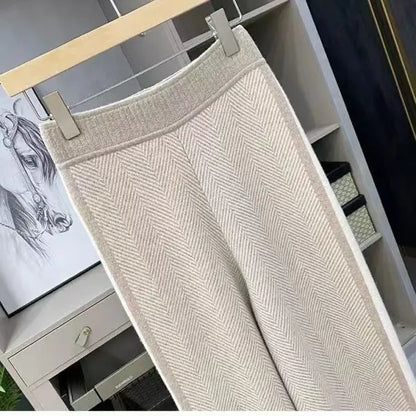 Women Drawstring Wide Leg Warm Thick Knit Pants Fall Winter Loose Casual Straight  Korean Harajuku High Waist Trousers R94