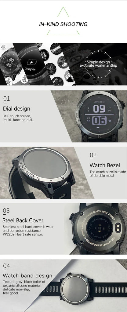 NORTH EDGE New GPS Watches Men Sport Smart Watch HD AMOLED Display 50M ATM Altimeter Barometer Compass Smartwatch for Men