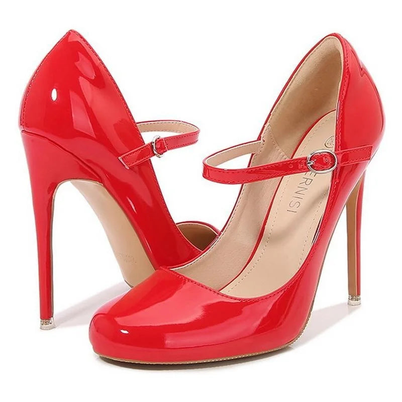 Women Patent Leather High Thin Heel Shoes Ankle Strap Women Pumps for Office Nightclub Party Wedding Cross Dressing Wide Shoes