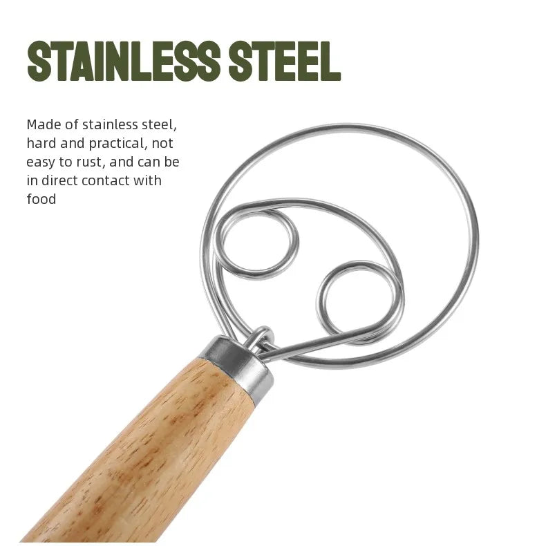 304 Stainless Steel Dough Whisk with Smooth Wooden Handle Sourdough & Bread Mixing 13 Inch Danish Dough Whisk Bread Tools
