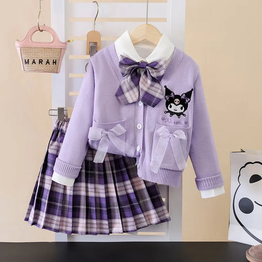 Ensemble enfant Kuromi, jupe plissée, cardigan, pull, style scolaire automnal, style princesse kawaii, uniforme scolaire JK