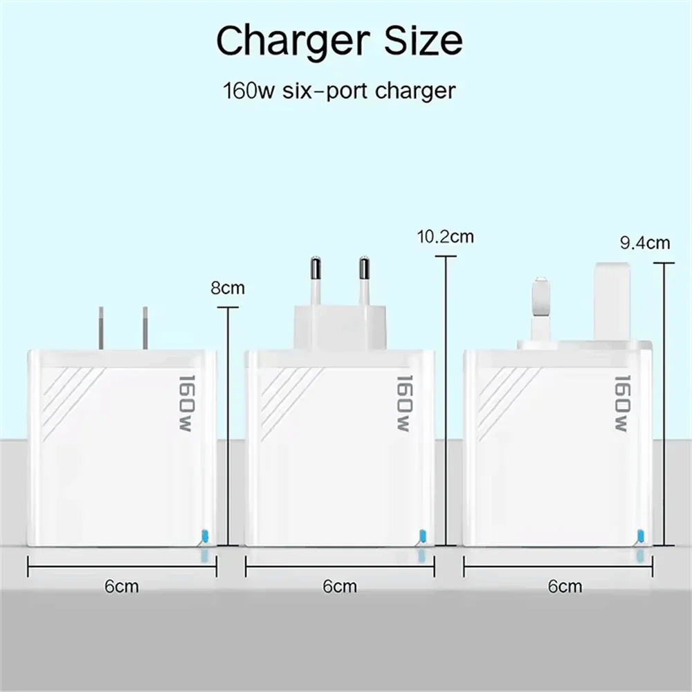160W Fast Charge Phone Charger Adapter Multi Port USB Type C Charger For iPhone Samsung Xiaomi Huawei EU/US/UK Plug Wall Charger