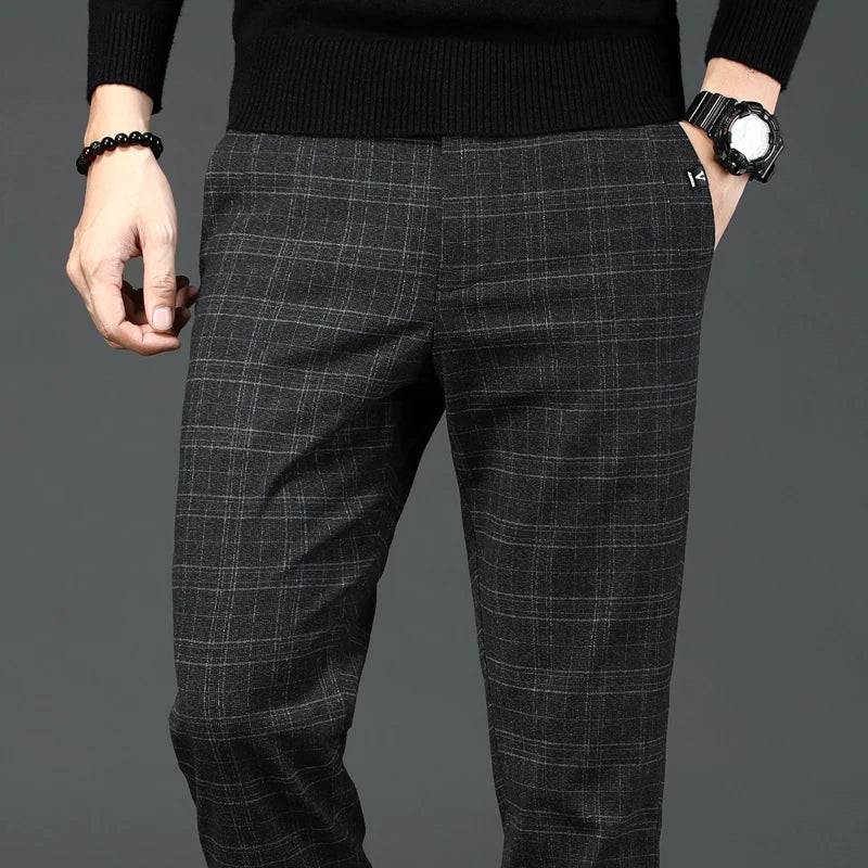 Pantalon à carreaux décontracté pour homme, collection 2023, coupe slim, gris foncé, style classique, élastique, marque de vêtements pour homme