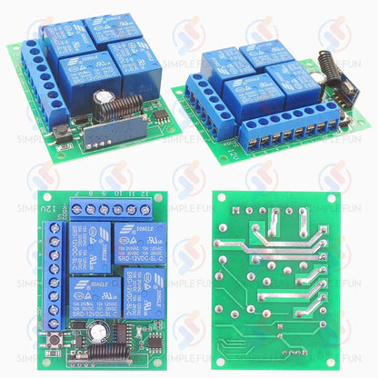 433Mhz Universal Wireless Remote Control Light Switch DC 12V 4CH RF Relay Receiver 60m Range for Light/Garage Door/LED DIY
