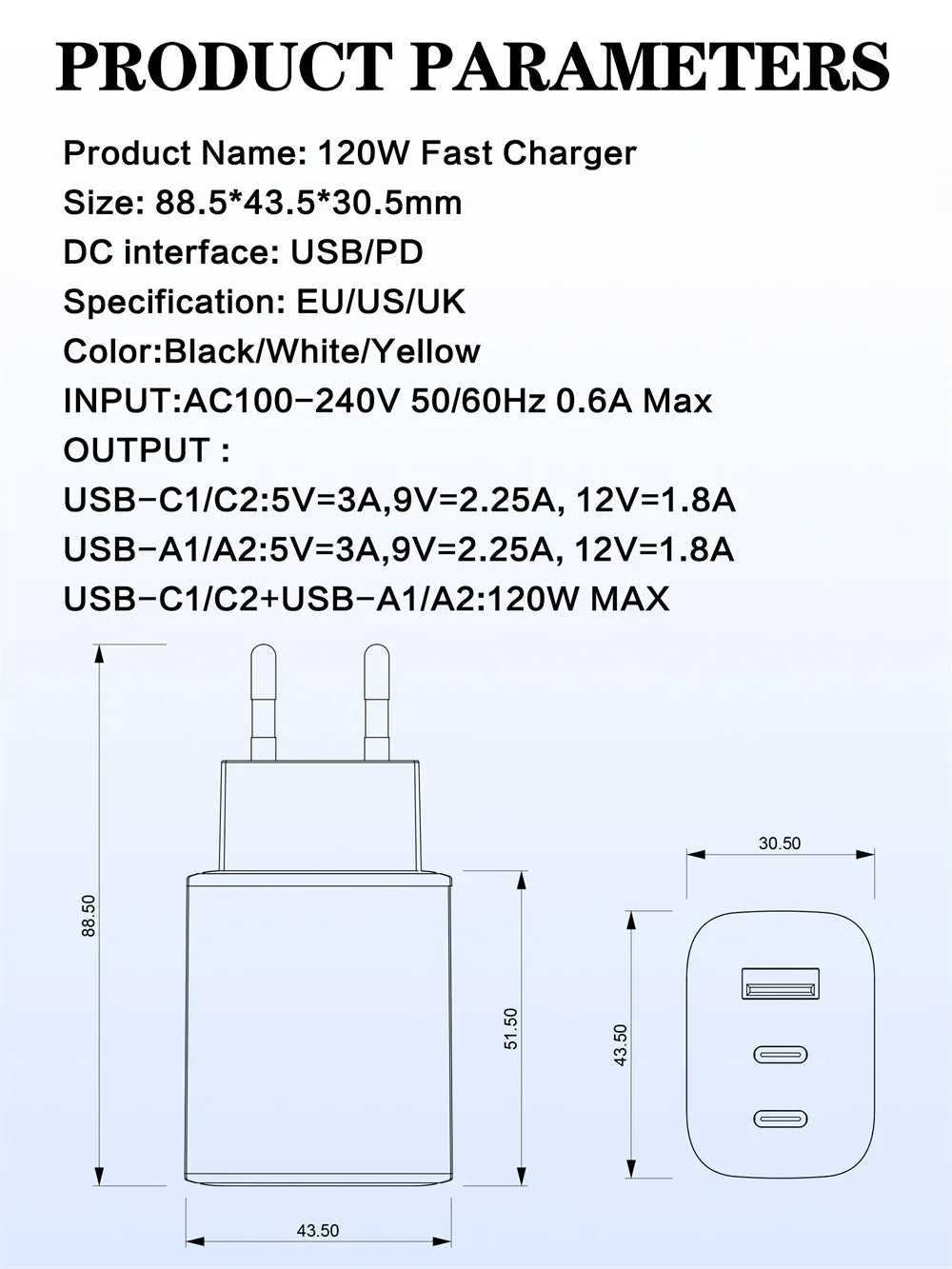 Total 120W USB C PD Charger QC 3.0 Type C Fast Charging Phones Wall Adapter for iPhone 16 Samsung Xiaomi POCO 3 In 1 USB Charger