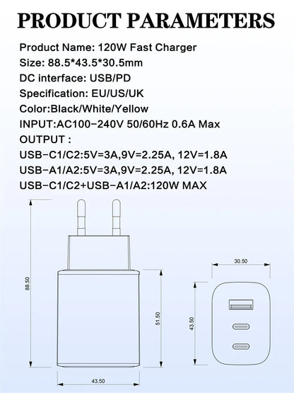 Total 120W USB C PD Charger QC 3.0 Type C Fast Charging Phones Wall Adapter for iPhone 16 Samsung Xiaomi POCO 3 In 1 USB Charger