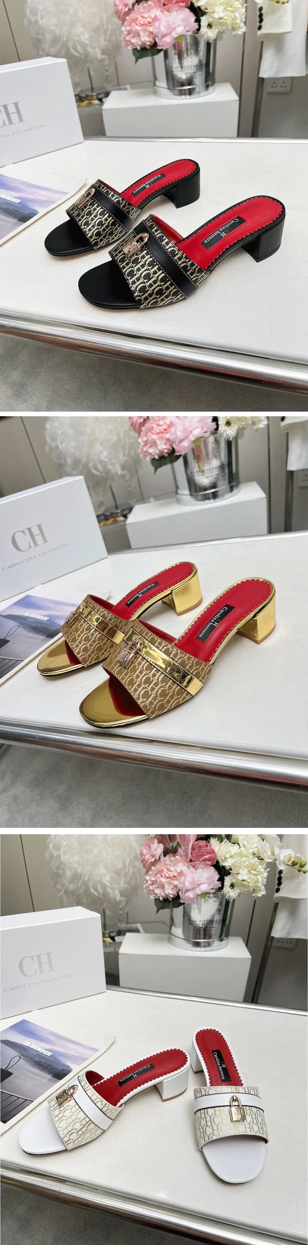 CH Brand Metal Buckle Embossed Sandals With Block Heels Open Toe Design Comfortable And Stylish Outdoor Slippers